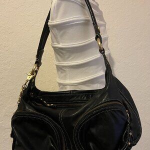 Scarlett Blake Black Genuine Leather Shoulder Hobo Bag With Gold Details
